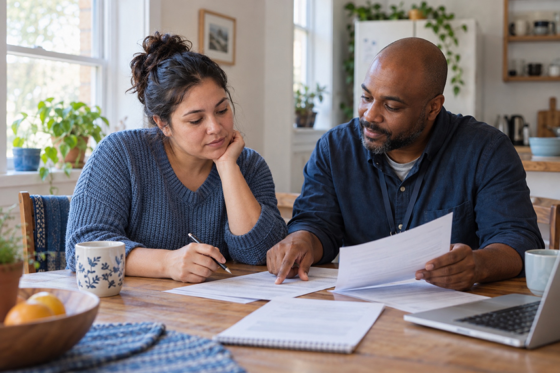 Two people reviewing housing paperwork together at a kitchen table